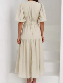 Best Women's Maxi Dress Casual Dress A Line Dress Stylish Basic Casual Vacation Daily Regular Fit Plain Half Sleeve V Neck Green Beige Summer Spring Women Cocktail Dress