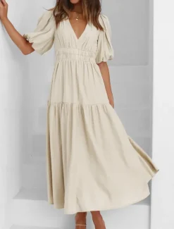 Best Women's Maxi Dress Casual Dress A Line Dress Stylish Basic Casual Vacation Daily Regular Fit Plain Half Sleeve V Neck Green Beige Summer Spring Women Cocktail Dress