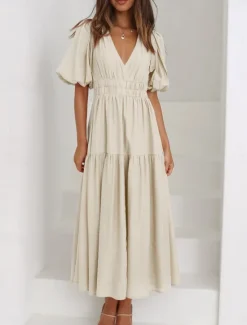 Best Women's Maxi Dress Casual Dress A Line Dress Stylish Basic Casual Vacation Daily Regular Fit Plain Half Sleeve V Neck Green Beige Summer Spring Women Cocktail Dress