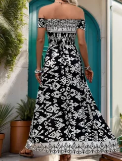 Women's Maxi Dress Casual Dress Boho Chic Dresses A Line Dress Boho Dress Bohemia Stylish Casual Vacation Daily Loose Fit Graphic Short Sleeve Off Shoulder Summer Spring Women Floral Dresses