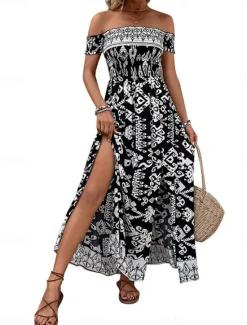 Women's Maxi Dress Casual Dress Boho Chic Dresses A Line Dress Boho Dress Bohemia Stylish Casual Vacation Daily Loose Fit Graphic Short Sleeve Off Shoulder Summer Spring Women Floral Dresses
