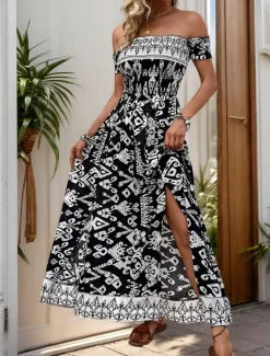 Women's Maxi Dress Casual Dress Boho Chic Dresses A Line Dress Boho Dress Bohemia Stylish Casual Vacation Daily Loose Fit Graphic Short Sleeve Off Shoulder Summer Spring Women Floral Dresses
