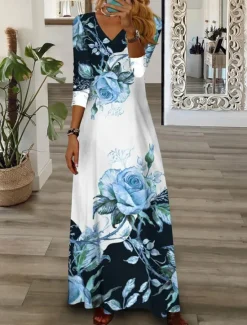 Hot Women's Maxi Dress Casual Dress Floral Print V Neck Maxi long Dress Casual Daily Vacation 3/4 Length Sleeve Summer Spring Women Spring Dresses|Casual Dress