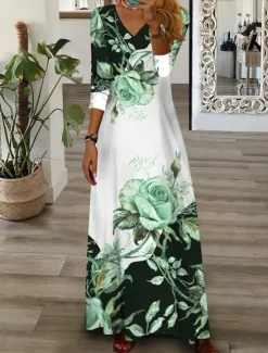 Hot Women's Maxi Dress Casual Dress Floral Print V Neck Maxi long Dress Casual Daily Vacation 3/4 Length Sleeve Summer Spring Women Spring Dresses|Casual Dress