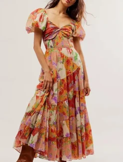 Online Women's Maxi Dress Casual Dress Swing Dress A Line Dress Boho Dress Bohemia Vintage Casual Vacation Daily Regular Fit Floral Short Sleeve V Neck Red Orange Beige Spring Fall Women Spring Dresses