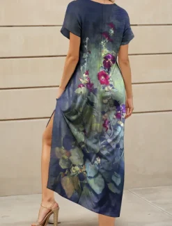 Outlet Women's Maxi Dress Casual Dress Sundress A Line Dress Elegant Vacation Casual Beach Regular Fit Ombre Floral Graphic Short Sleeve V Neck Red Blue Purple Green Summer Spring Women Vacation Dresses