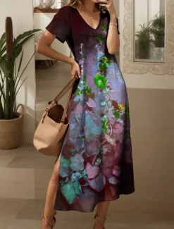 Outlet Women's Maxi Dress Casual Dress Sundress A Line Dress Elegant Vacation Casual Beach Regular Fit Ombre Floral Graphic Short Sleeve V Neck Red Blue Purple Green Summer Spring Women Vacation Dresses