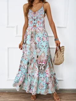 Sale Women's Maxi Dress Casual Dress A Line Dress Slip Dress Boho Dress Bohemia Casual Boho Vacation Daily Regular Fit Floral Sleeveless Strap Blue Green Summer Women Floral Dresses