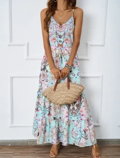 Sale Women's Maxi Dress Casual Dress A Line Dress Slip Dress Boho Dress Bohemia Casual Boho Vacation Daily Regular Fit Floral Sleeveless Strap Blue Green Summer Women Floral Dresses