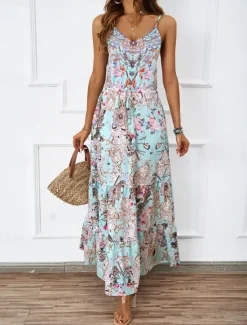 Sale Women's Maxi Dress Casual Dress A Line Dress Slip Dress Boho Dress Bohemia Casual Boho Vacation Daily Regular Fit Floral Sleeveless Strap Blue Green Summer Women Floral Dresses