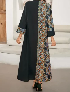 Women's Maxi Dress Casual Dress Kaftan Dress Boho Dress Casual Daily Regular Fit Geometric 3/4 Length Sleeve Notched Neck Spring Fall Women Floral Dresses