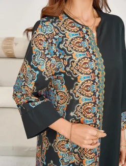 Women's Maxi Dress Casual Dress Kaftan Dress Boho Dress Casual Daily Regular Fit Geometric 3/4 Length Sleeve Notched Neck Spring Fall Women Floral Dresses