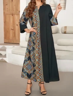 Women's Maxi Dress Casual Dress Kaftan Dress Boho Dress Casual Daily Regular Fit Geometric 3/4 Length Sleeve Notched Neck Spring Fall Women Floral Dresses