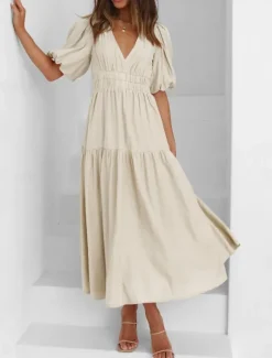 Outlet Women's Maxi Dress Casual Dress Swing Dress Basic Casual Vacation Daily Regular Fit Plain Short Sleeve V Neck Black Green Apricot Light Blue Summer Women Work Dresses