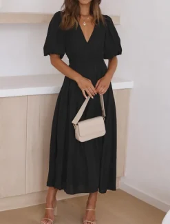 Outlet Women's Maxi Dress Casual Dress Swing Dress Basic Casual Vacation Daily Regular Fit Plain Short Sleeve V Neck Black Green Apricot Light Blue Summer Women Work Dresses