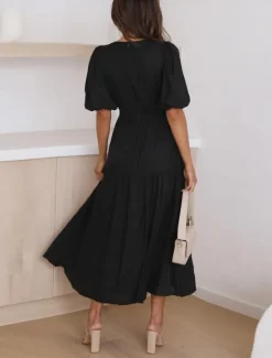 Outlet Women's Maxi Dress Casual Dress Swing Dress Basic Casual Vacation Daily Regular Fit Plain Short Sleeve V Neck Black Green Apricot Light Blue Summer Women Work Dresses