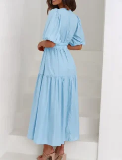 Outlet Women's Maxi Dress Casual Dress Swing Dress Basic Casual Vacation Daily Regular Fit Plain Short Sleeve V Neck Black Green Apricot Light Blue Summer Women Work Dresses
