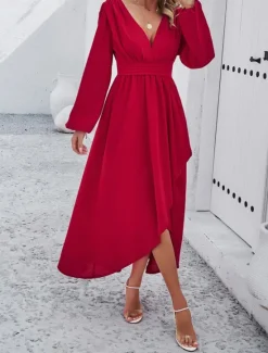 Hot Women's Maxi Dress Casual Dress Cocktail Dress Wedding Guest Dress Chiffon Dress Elegant Maxi Casual Work Street Holiday Regular Fit Long Sleeve V Neck Black Red Navy Blue Green Fall Women Cocktail Dress