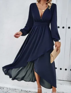 Hot Women's Maxi Dress Casual Dress Cocktail Dress Wedding Guest Dress Chiffon Dress Elegant Maxi Casual Work Street Holiday Regular Fit Long Sleeve V Neck Black Red Navy Blue Green Fall Women Cocktail Dress