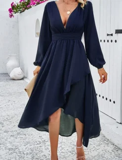 Hot Women's Maxi Dress Casual Dress Cocktail Dress Wedding Guest Dress Chiffon Dress Elegant Maxi Casual Work Street Holiday Regular Fit Long Sleeve V Neck Black Red Navy Blue Green Fall Women Cocktail Dress