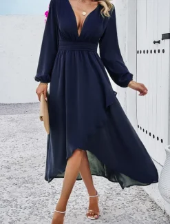 Hot Women's Maxi Dress Casual Dress Cocktail Dress Wedding Guest Dress Chiffon Dress Elegant Maxi Casual Work Street Holiday Regular Fit Long Sleeve V Neck Black Red Navy Blue Green Fall Women Cocktail Dress