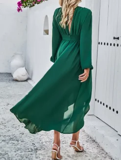 Hot Women's Maxi Dress Casual Dress Cocktail Dress Wedding Guest Dress Chiffon Dress Elegant Maxi Casual Work Street Holiday Regular Fit Long Sleeve V Neck Black Red Navy Blue Green Fall Women Cocktail Dress