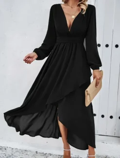 Hot Women's Maxi Dress Casual Dress Cocktail Dress Wedding Guest Dress Chiffon Dress Elegant Maxi Casual Work Street Holiday Regular Fit Long Sleeve V Neck Black Red Navy Blue Green Fall Women Cocktail Dress