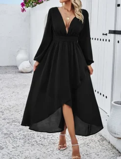 Hot Women's Maxi Dress Casual Dress Cocktail Dress Wedding Guest Dress Chiffon Dress Elegant Maxi Casual Work Street Holiday Regular Fit Long Sleeve V Neck Black Red Navy Blue Green Fall Women Cocktail Dress