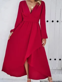 Hot Women's Maxi Dress Casual Dress Cocktail Dress Wedding Guest Dress Chiffon Dress Elegant Maxi Casual Work Street Holiday Regular Fit Long Sleeve V Neck Black Red Navy Blue Green Fall Women Cocktail Dress