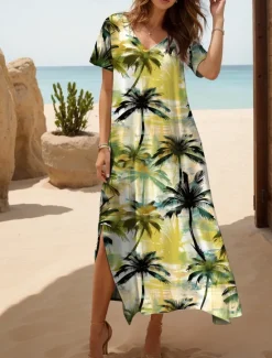 Discount Women's Maxi Dress Casual Dress A Line Dress Vacation Tropical Casual Vacation Daily Regular Fit Leaf Tropical Short Sleeve V Neck Summer Spring Women Vacation Dresses