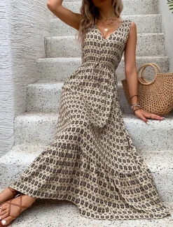 Women's Maxi Dress Casual Dress Swing Dress A Line Dress Tank Dress Stylish Casual Vacation Daily Regular Fit Geometric Sleeveless V Neck Green Apricot Summer Women Spring Dresses