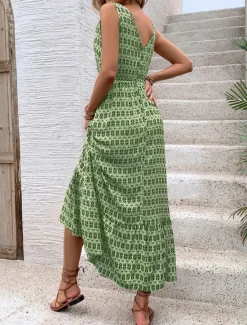 Women's Maxi Dress Casual Dress Swing Dress A Line Dress Tank Dress Stylish Casual Vacation Daily Regular Fit Geometric Sleeveless V Neck Green Apricot Summer Women Spring Dresses