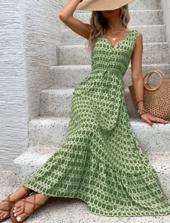 Women's Maxi Dress Casual Dress Swing Dress A Line Dress Tank Dress Stylish Casual Vacation Daily Regular Fit Geometric Sleeveless V Neck Green Apricot Summer Women Spring Dresses