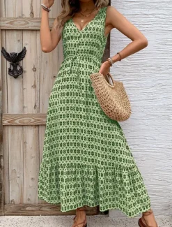 Women's Maxi Dress Casual Dress Swing Dress A Line Dress Tank Dress Stylish Casual Vacation Daily Regular Fit Geometric Sleeveless V Neck Green Apricot Summer Women Spring Dresses