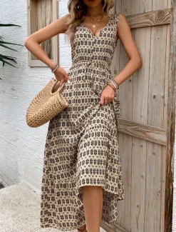 Women's Maxi Dress Casual Dress Swing Dress A Line Dress Tank Dress Stylish Casual Vacation Daily Regular Fit Geometric Sleeveless V Neck Green Apricot Summer Women Spring Dresses