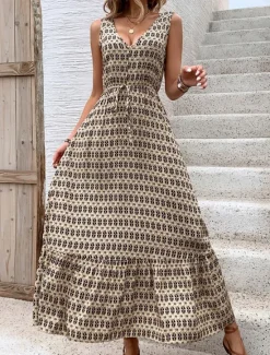 Women's Maxi Dress Casual Dress Swing Dress A Line Dress Tank Dress Stylish Casual Vacation Daily Regular Fit Geometric Sleeveless V Neck Green Apricot Summer Women Spring Dresses
