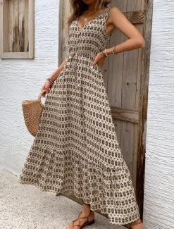 Women's Maxi Dress Casual Dress Swing Dress A Line Dress Tank Dress Stylish Casual Vacation Daily Regular Fit Geometric Sleeveless V Neck Green Apricot Summer Women Spring Dresses