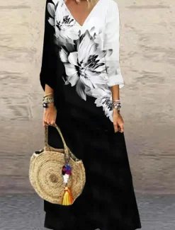 Outlet Women's Maxi Dress Casual Dress Floral Print V Neck Casual Daily Vacation 3/4 Length Sleeve Summer Spring Women Vacation Dresses
