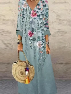 Outlet Women's Maxi Dress Casual Dress Floral Print V Neck Casual Daily Vacation 3/4 Length Sleeve Summer Spring Women Vacation Dresses