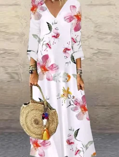 Outlet Women's Maxi Dress Casual Dress Floral Print V Neck Casual Daily Vacation 3/4 Length Sleeve Summer Spring Women Vacation Dresses