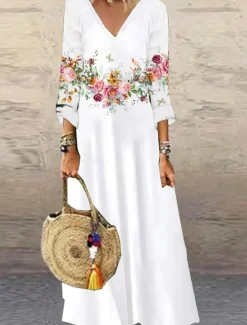Outlet Women's Maxi Dress Casual Dress Floral Print V Neck Casual Daily Vacation 3/4 Length Sleeve Summer Spring Women Vacation Dresses