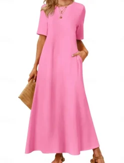 Discount Women's Maxi Dress Casual Dress A Line Dress Stylish Basic Casual Vacation Daily Regular Fit Plain Short Sleeve Crew Neck Pink Blue Dark Green Summer Spring Women T Shirt Dresses