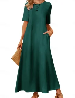 Discount Women's Maxi Dress Casual Dress A Line Dress Stylish Basic Casual Vacation Daily Regular Fit Plain Short Sleeve Crew Neck Pink Blue Dark Green Summer Spring Women T Shirt Dresses