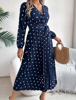 Hot Women's Maxi Dress Casual Dress A Line Dress Stylish Casual Vacation Daily Regular Fit Polka Dot Long Sleeve V Neck Wine Navy Blue Spring Fall Women Work Dresses