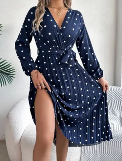 Hot Women's Maxi Dress Casual Dress A Line Dress Stylish Casual Vacation Daily Regular Fit Polka Dot Long Sleeve V Neck Wine Navy Blue Spring Fall Women Work Dresses