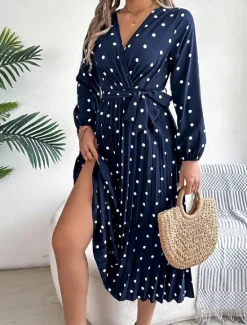 Hot Women's Maxi Dress Casual Dress A Line Dress Stylish Casual Vacation Daily Regular Fit Polka Dot Long Sleeve V Neck Wine Navy Blue Spring Fall Women Work Dresses