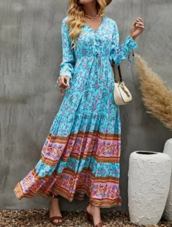 Hot Women's Maxi Dress Casual Dress Swing Dress Long Sleeve Boho Dress A Line Dress Bohemia Casual Vacation Daily Regular Fit Floral Long Sleeve V Neck Yellow Pink Blue Spring Fall Women Floral Dresses
