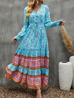 Hot Women's Maxi Dress Casual Dress Swing Dress Long Sleeve Boho Dress A Line Dress Bohemia Casual Vacation Daily Regular Fit Floral Long Sleeve V Neck Yellow Pink Blue Spring Fall Women Floral Dresses