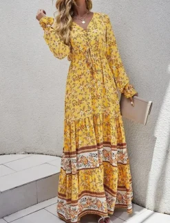Hot Women's Maxi Dress Casual Dress Swing Dress Long Sleeve Boho Dress A Line Dress Bohemia Casual Vacation Daily Regular Fit Floral Long Sleeve V Neck Yellow Pink Blue Spring Fall Women Floral Dresses