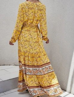 Hot Women's Maxi Dress Casual Dress Swing Dress Long Sleeve Boho Dress A Line Dress Bohemia Casual Vacation Daily Regular Fit Floral Long Sleeve V Neck Yellow Pink Blue Spring Fall Women Floral Dresses